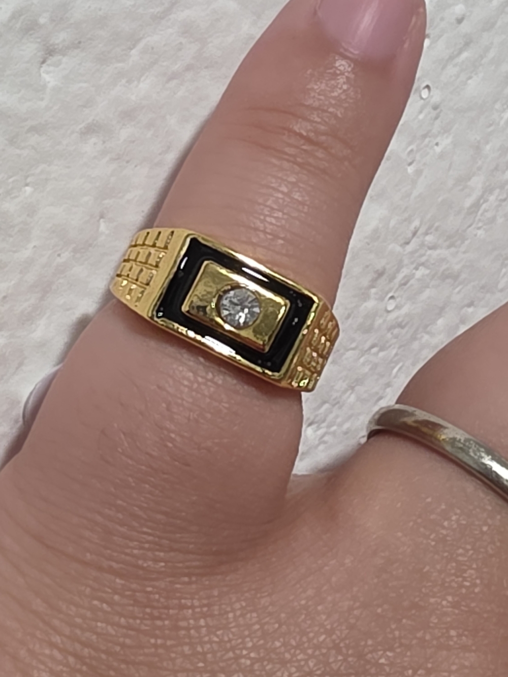 Gold-Tone Men’s Signet Ring with Black Enamel and Clear Stone (Size 18/US9) - Picture 2 of 2